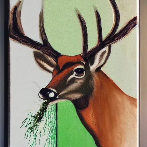 Image similar to deer with a cigarette in its mouth and thick smoke coming out of the cigarette, abstract, thick paint, painterly, brown and green palette, dripping paint