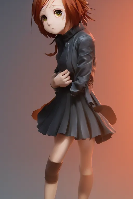 Image similar to Very complcated dynamic composition, realistic anime style at Pixiv, Zbrush sculpt colored, Octane render in Maya and Houdini VFX, young redhead girl in motion, wearing jacket and skirt, silky hair, black stunning deep eyes. By ilya kuvshinov, krenz cushart, Greg Rutkowski, trending on artstation. Amazing textured brush strokes. Cinematic dramatic soft volumetric studio lighting