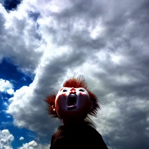 Prompt: clouds that look like a screaming chucky doll