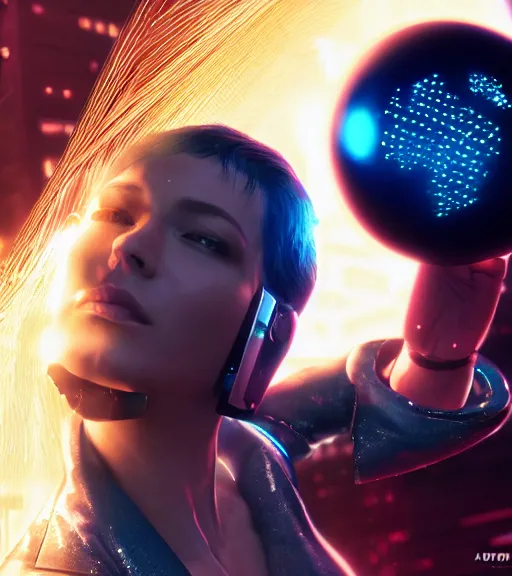 Prompt: a cyberpunk woman with a sparkling sphere in the neck, hyperrealistic, cyber world, ambient lighting, concept art, hyper - detailed, smooth, octane, ray tracing, cinematic, high quality