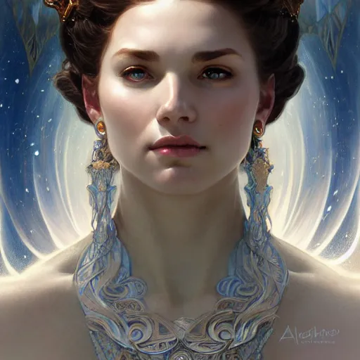 Image similar to portrait of a goddess of ice and earth, half body, perfect face, d & d, fantasy, intricate, elegant, highly detailed, digital painting, artstation, concept art, smooth, sharp focus, illustration, art by artgerm and greg rutkowski and alphonse mucha