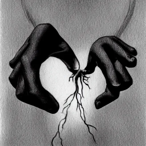 Prompt: drawing of hands ripping a heart into pieces, sadness, dark ambiance, concept by banksy, featured on deviantart, sots art, lyco art, artwork, photoillustration, poster art