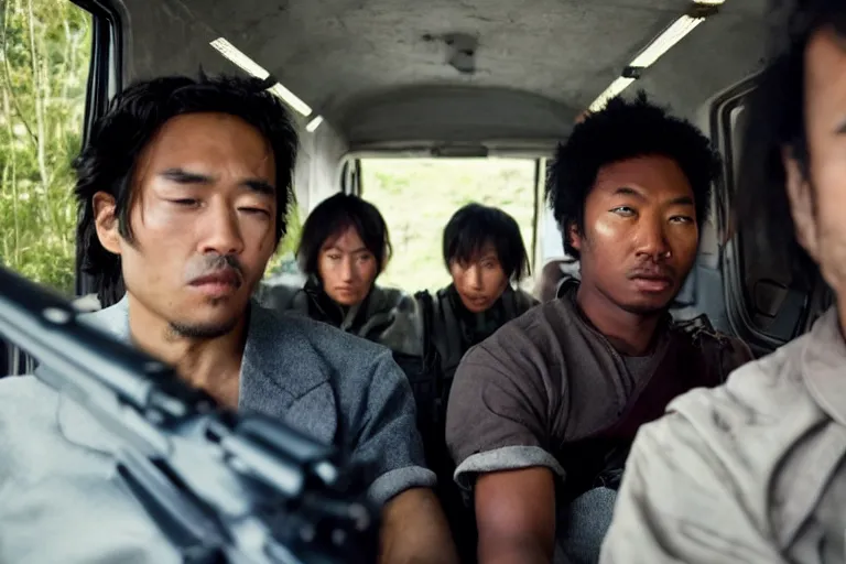 Image similar to movie diverse interracial team of Japanese robbers armed with rifles interior van, beautiful skin, Symmetrical faces. natural lighting by Emmanuel Lubezki