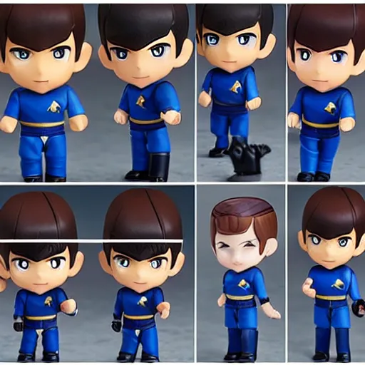 Prompt: spock from the tv series star trek, serious look, pointed ears, spock haircut, greeting, as an anime nendoroid, starfleet uniform, detailed product photo