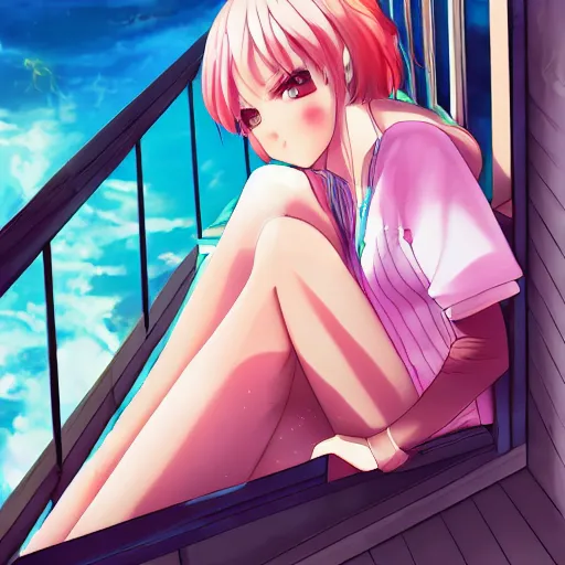 Image similar to anime girl sitting on a balcony while listening to music, anime key visual, aesthetic, trending on artstation, deviantart, artgem, perfect composition, ross draws, wlop, 8 k