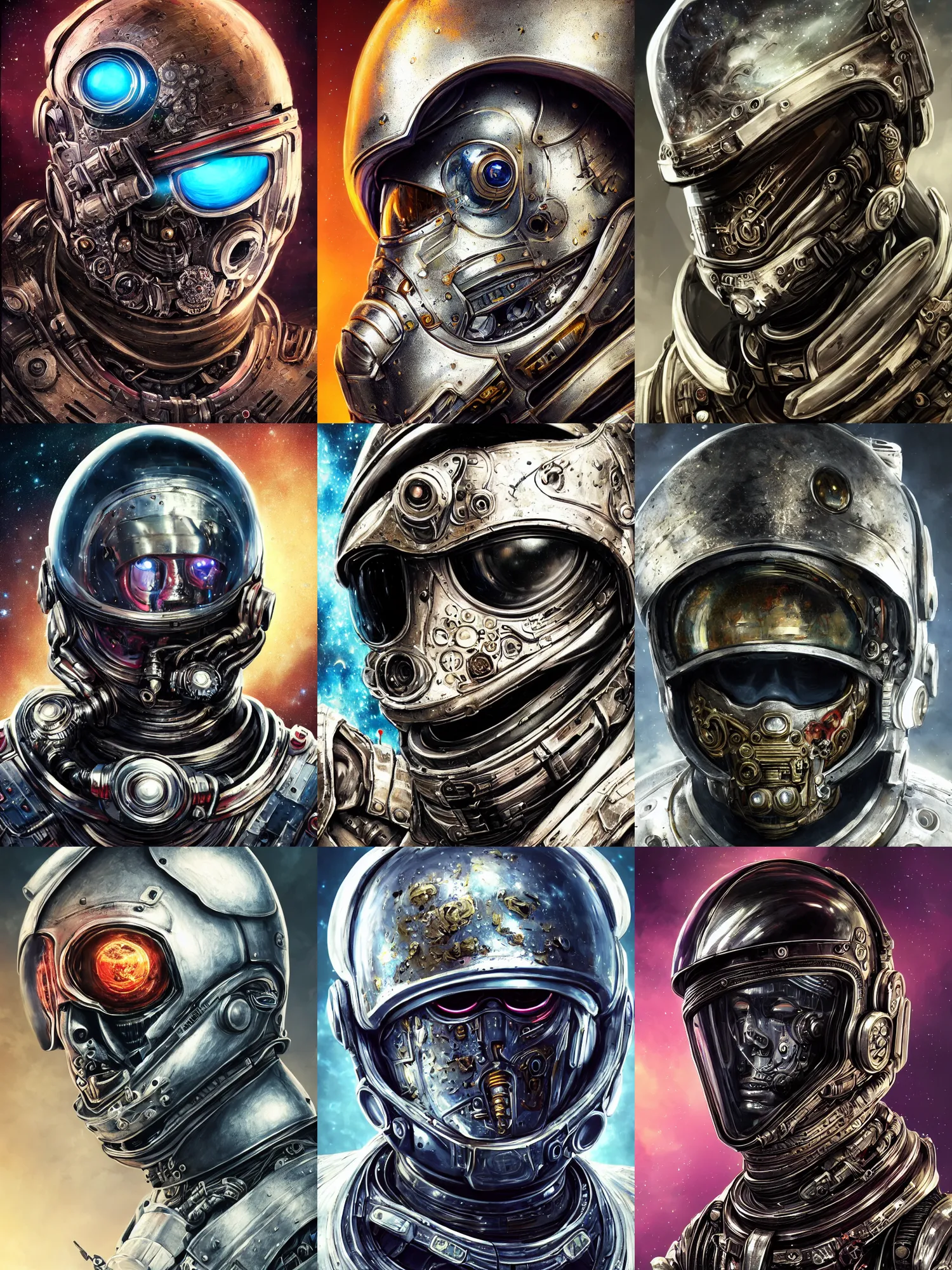 Prompt: portrait art of 8k ultra realistic undead retro futuristic astronaut , galaxy reflected in helmet , detailed intricate ornate armour,corrupted, cybernetic, full of colour, cinematic lighting, battered, trending on artstation, 4k, hyperrealistic, focused, extreme details,unreal engine 5, cinematic, masterpiece, art by ayami kojima, giger