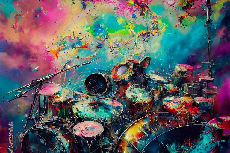 Prompt: a splattered action painting showing a drumset, ultradetailed, fine art painting, peter mohrbacher, moebius, drumset, frottage, watercolor, acrylic, multilayered paint, spectacular splatter explosion, psychedelic art