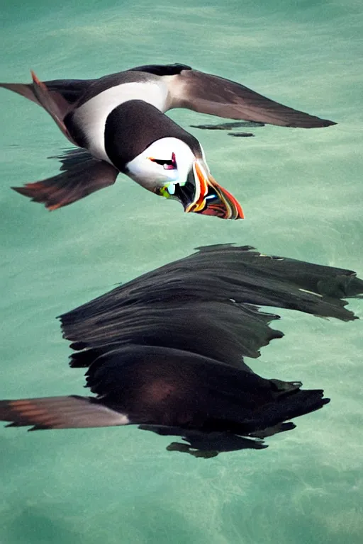 Image similar to beautiful photo of a puffin swimming amongst seaweed underwater in clear water