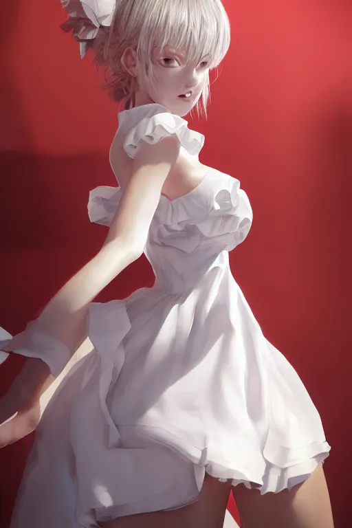 Image similar to the beautiful white frilled red dress girl standing in the hyper big and tall tower, looking at the camera, seductive pose, low angle, highly detailed, digital painting, artstation, concept art, smooth, sharp focus, illustration, Unreal Engine 5, 8K, art by Hiroaki Samura and Jiro Matsumoto
