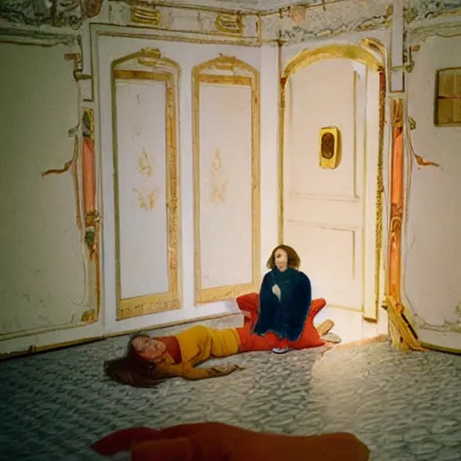 Prompt: a beautiful shiny girl in an soviet golden liminal abandoned room, film still by wes anderson, depicted by balthus, limited color palette, very intricate, art nouveau, highly detailed, lights by hopper, soft pastel colors