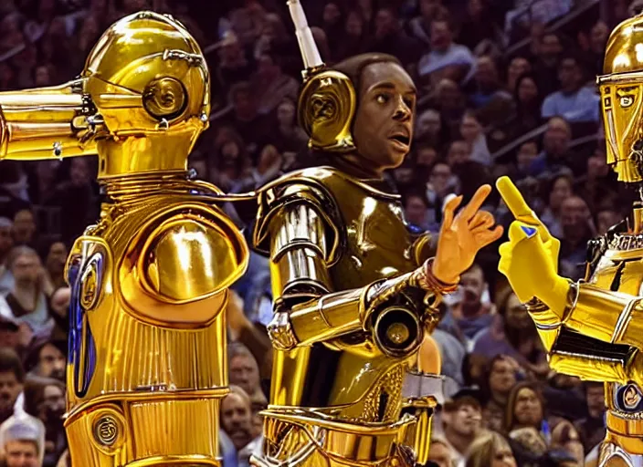 Image similar to ESPN still of C-3PO playing in the nba playoffs live on espn, 4k