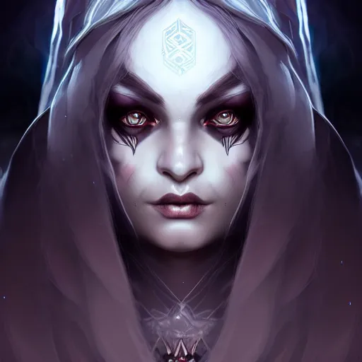 Image similar to dark sorceress full view, symmetrical face, highly detailed, wlop style, artstation, concept art, soft light, sharp focus, illustration, character design