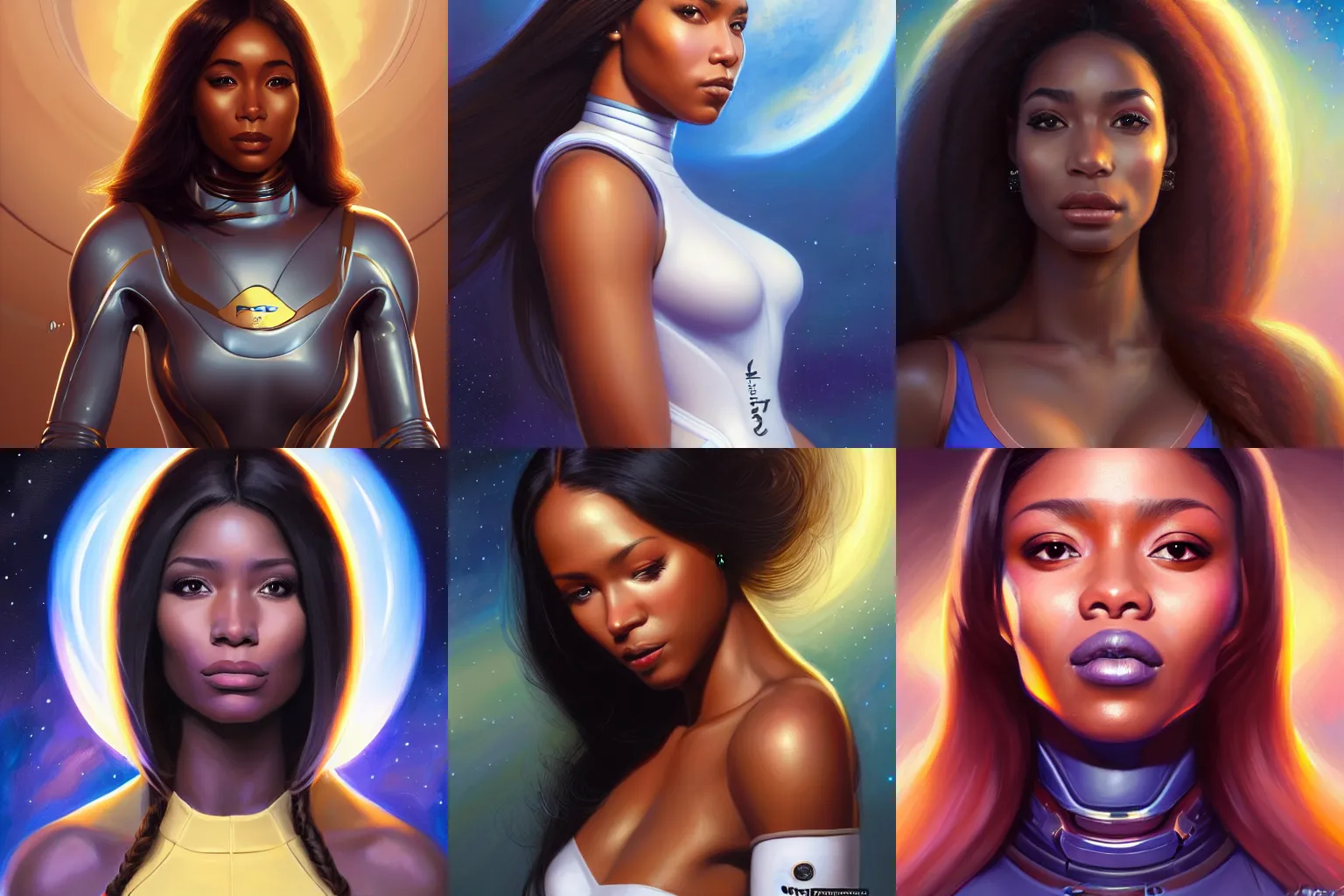 Prompt: a portrait of a very beautiful POC woman in a spacesuit, Alexandria's genesis, chin-length hair, bored, illustration, soft lighting, soft details, painting oil on canvas by mark arian by artgerm, trending on artstation, 4k, 8k, HD