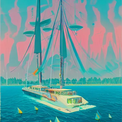 Image similar to psychedelic yacht party by simon stalenhag