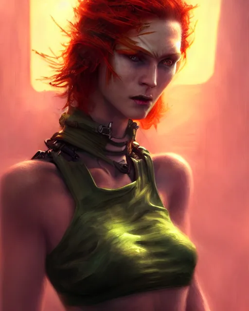 Prompt: cyberpunk rebel woman, perfect face, black halter top, ginger hair, green eyes, cinematic, stunning, agile, highly detailed, digital painting, artstation, smooth, hard focus, illustration, art by jessica rossier and and brian froud