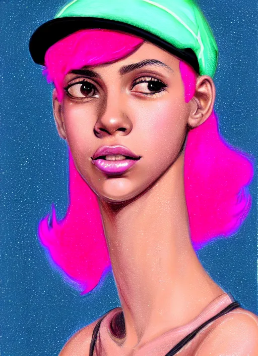 Image similar to portrait of teenage vanessa morgan with bright pink hair, black girl, curly pixie cut hair, wearing newsboy cap, pink short haircut, newsboy cap, hoop earrings, blue eyes, intricate, elegant, glowing lights, highly detailed, digital painting, artstation, concept art, smooth, sharp focus, illustration, art by wlop, mars ravelo and greg rutkowski