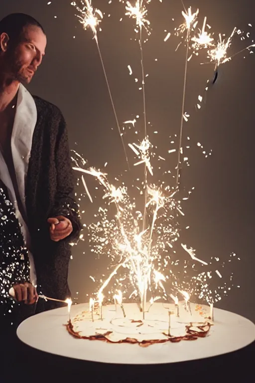 Prompt: margiela campaign featuring artist ben schumacher blowing out all the candles on the birthday cake, sparklers, realistic vfx simulation
