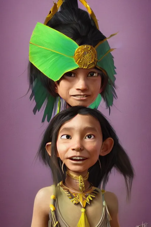 Image similar to a professional cartoony portrait of a indigenous happy kid female warrior, clothed in traditional colombian dance, long dark hair, beautiful bone structure, symmetrical facial features, green eyes, intricate, elegant and graceful, digital painting, concept art, smooth, sharp focus, illustration, finely detailed, from Rayman legends by Ruan Jia and Mandy Jurgens and Artgerm and William-Adolphe Bouguerea, award winning art, trending on Artstation