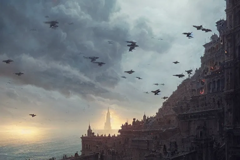 Image similar to people FLYING ON BIRDS, over the ocean, towards a GIGANTIC wall, protecting the city from black mist, cinematic, greg rutkowski, detailed, intricate