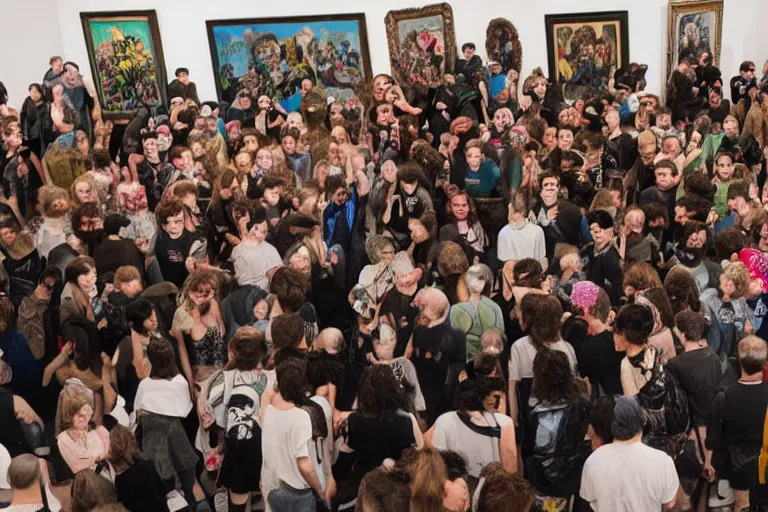 Prompt: a big group of punk people destroying a museum art show