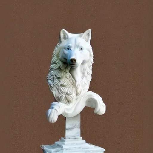 Prompt: a white marble statue of a wolf's head with gold filigree