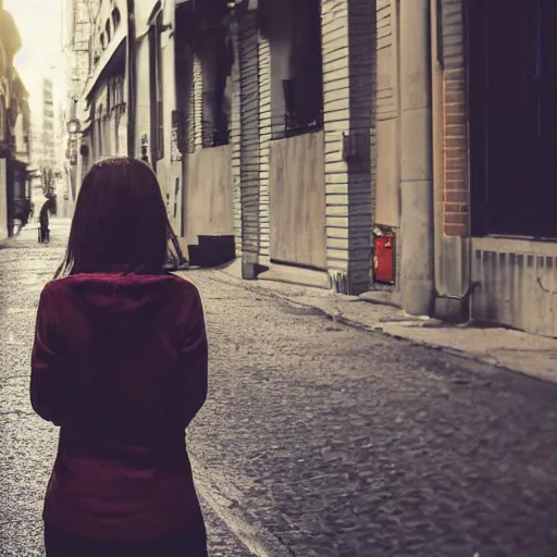 Image similar to photograph of woman holding a bottle in street, kodak, 4 k, realistic intricate detail, hyper detail, woman very tired, full body potrait holding bottle, hazel green eyes, realistic, highlydetailed, natural, masterpiece, sharp focus,