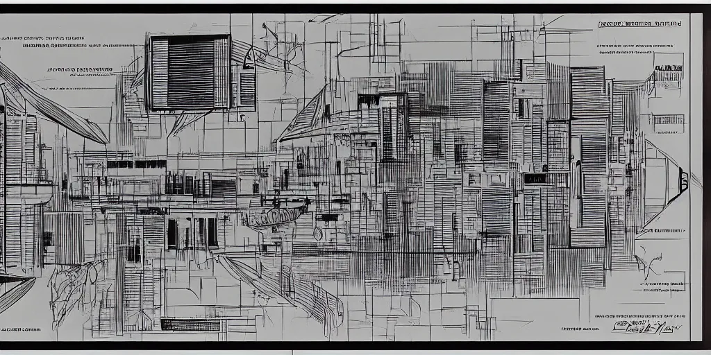 Prompt: architectural schematics of a 1960 science fiction space port, drawn by Ed Wood Jr, in the style of Bauhaus