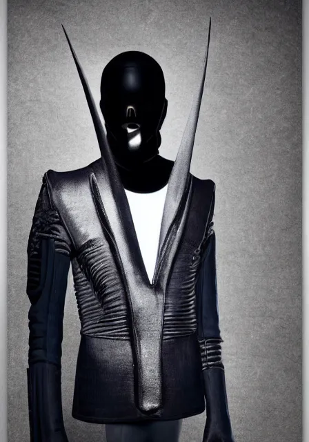 Prompt: an award - winning photo of an ancient male model wearing a plain designer menswear jacket inspired by h. r. giger designed by alexander mcqueen