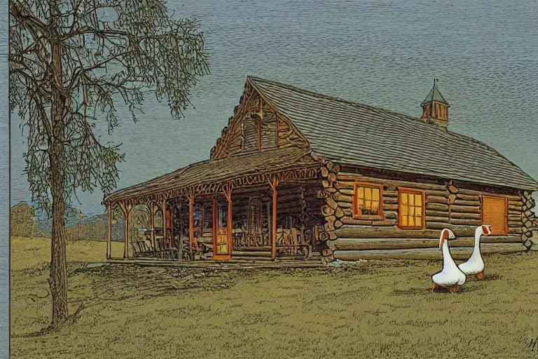 Image similar to country road cabin goose by moebius