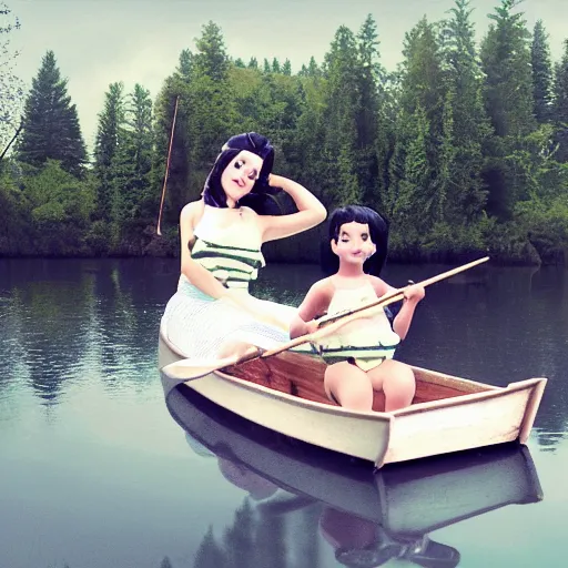 Prompt: realistic photo of Melanie Martinez rowing a boat across a big pond with lillpads and swans