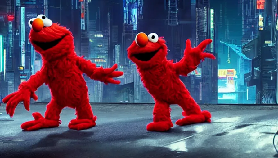 Image similar to elmo performs a drive - by shooting in cyberpunk night city