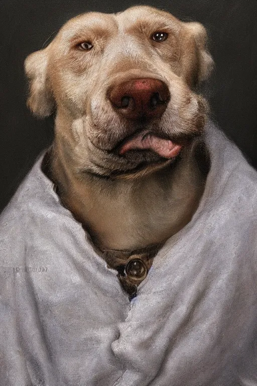 Prompt: Slavic dog head man, characteristic of cynocephaly, woolen torso in medieval clothes, oil painting, hyperrealism, beautiful, high resolution, trending on artstation,