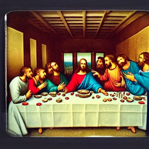 Prompt: the last supper jesus candid Polaroid instant film instamatic photorealistic 8mm film grain party smiling trending on instagram