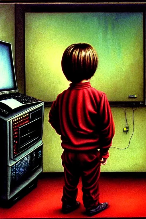 Prompt: realistic detailed color photo of a standing figure of a five years old boy in front of a PC computer monitor in an old dirty soviet apartment by and Mark Brooks, Neo-Gothic, gothic, rich deep colors. Beksinski painting, from a movie by David Cronenberg. masterpiece. realistic detailed image. Photographed with Leica Summilux-M 24 mm lens, ISO 100, f/8, Portra 400, kodak film, anamorphic lenses. high quality