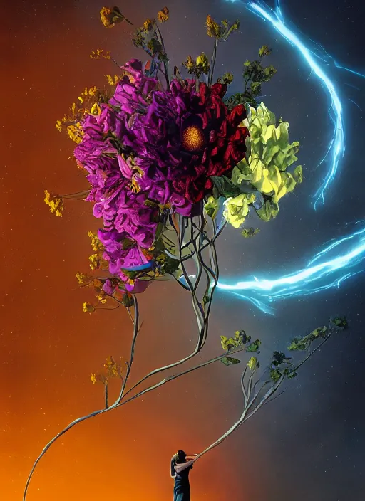 Prompt: An epic fantastic realism comic book style painting of the most beautiful entwined flowers launched across the dark galactic night sky, nebulous bouquets, fisheye, lightning creating life, unreal 5, DAZ, hyperrealistic, octane render, dynamic lighting