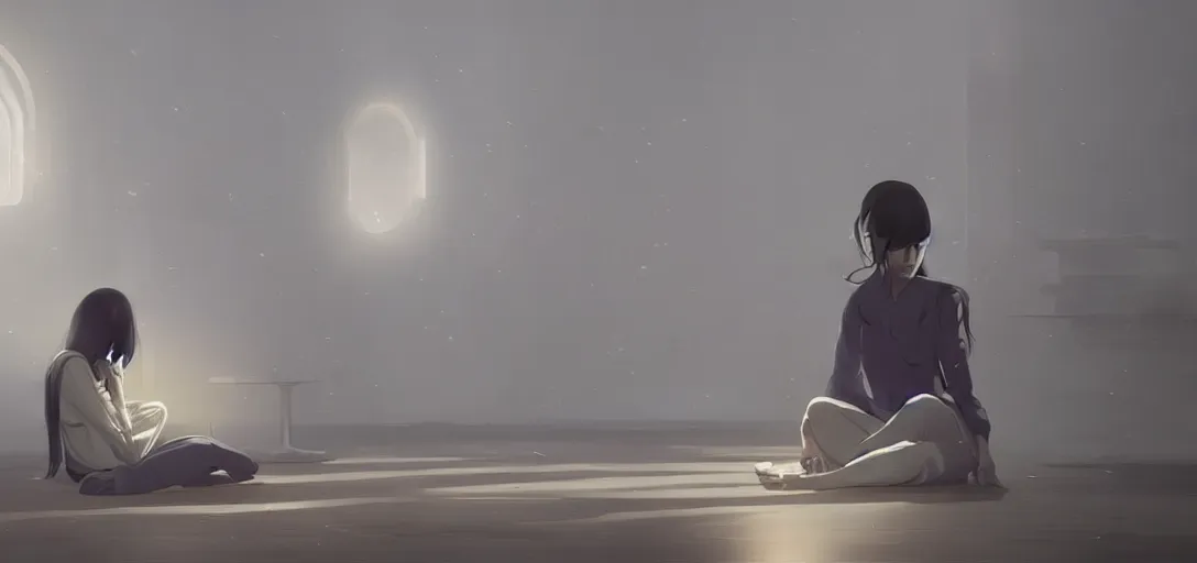 Prompt: Young Himalayan woman sitting concerned in an empty room with a sense of dread and loneliness | night time scene, plain walls |somber white eyes, long ashy hair | gentle lighting, futuristic, dim lighting, digital art by Makoto Shinkai ilya kuvshinov and Wojtek Fus, digital art, concept art,