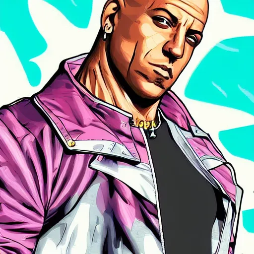 Prompt: Digital painting of Vin Diesel wearing clothes designed by Emilio Pucci walking like a Italian model in JoJo\'s Bizzare Adventure anime style, official media from JoJo\'s Bizzare Adventure, highly detailed, sharp focus, screentone shading, 1990s manga panel, ArtStation, art by Hirohiko Araki