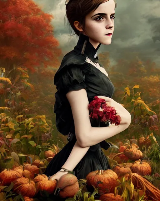 Prompt: full shot portrait painting of very beautiful emma watson goth maiden, character design by mark ryden and pixar and hayao miyazaki, unreal 5, daz, hyperrealistic, octane render, cosplay, rpg portrait, dynamic lighting, intricate detail, harvest fall vibrancy, cinematic