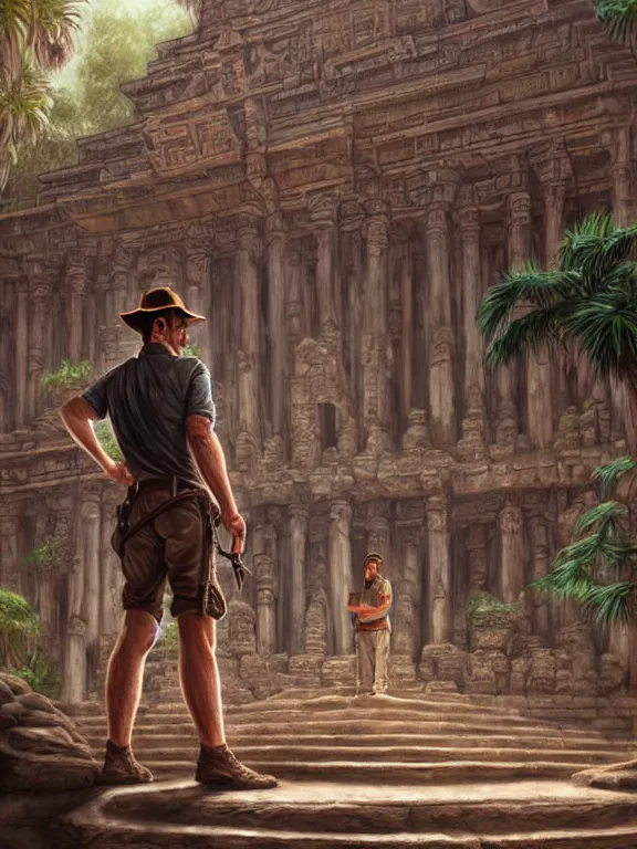 Image similar to indiana jones standing in front of an ancient temple, digital painting, extremely detailed, 4 k, intricate, artgerm, by stanley lau