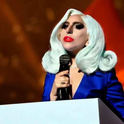 Image similar to Lady Gaga as president, Argentina presidential rally, Argentine flags behind, bokeh, giving a speech, detailed face, Argentina