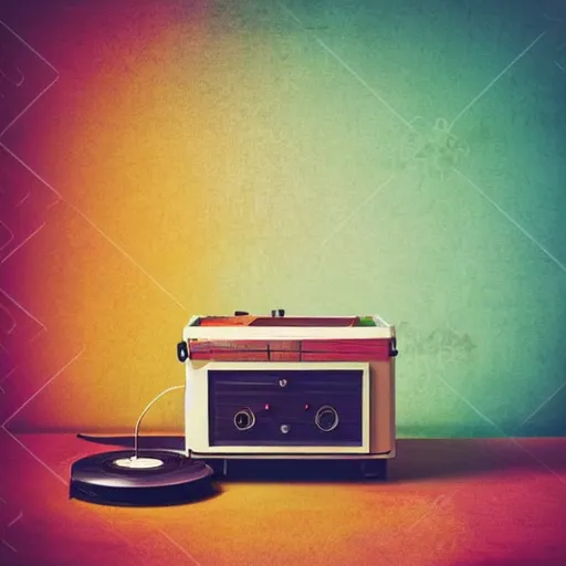 Prompt: Colorful image of retro vinyl record player isolated over colorful background vintage things in modern life