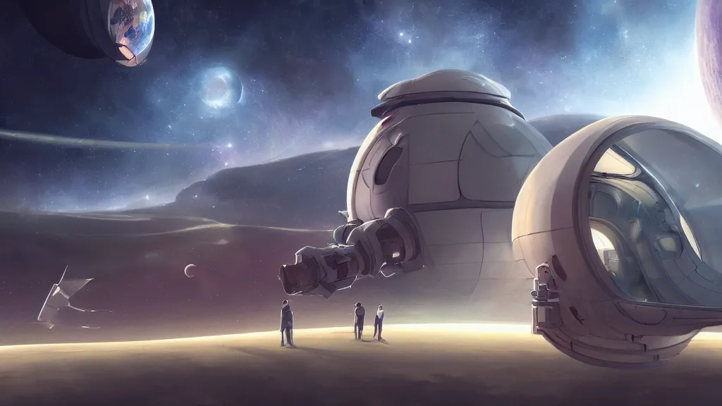 Image similar to a man wakes up in a space pod alone next to a spaceship so large it carries a planet beneath it, by yuumei, bayard wu, wlop, tim white, ross tran, 4 k