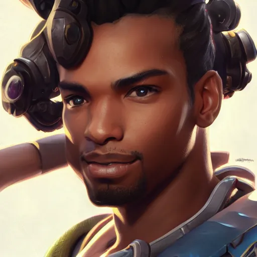 Image similar to closeup portrait of lucio from overwatch, d & d, fantasy, intricate, elegant, highly detailed, digital painting, artstation, concept art, matte, sharp focus, illustration, hearthstone, art by artgerm and greg rutkowski and alphonse mucha