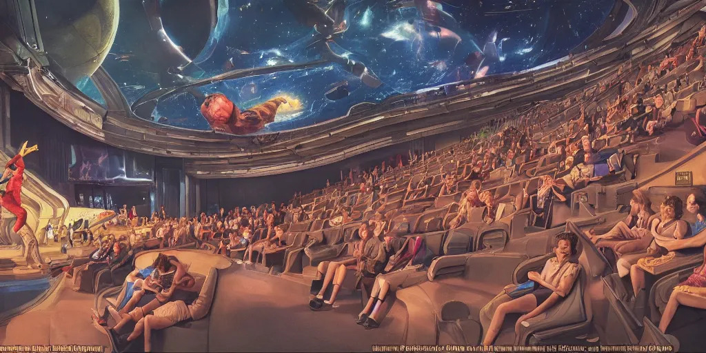 Image similar to choose your own adventure style cinema, multiple screens, astonishingly large cinema hall, detailed concept art, kids flying through the cinema, holodeck futuristic entertainment, theatre by moebius, amphitheatre crowd, incredible masterpiece