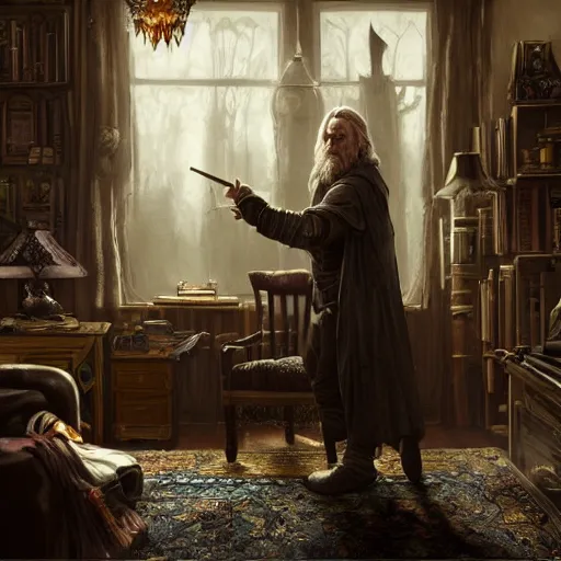 Prompt: middle age wizard, middle age living room, dramatic lighting, cinematic, establishing shot, extremly high detail, photorealistic, cinematic lighting, post processed, concept art, artstation, matte painting, style by greg rutkowsky