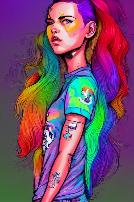 Image similar to a award winning half body portrait of a beautiful woman with stunning eyes in a printed croptop and cargo pants with rainbow colored ombre hairstyle head in motion and hair flying by josan gonzales, outrun, vaporware, shaded flat illustration, digital art, trending on artstation, highly detailed, fine detail, intricate