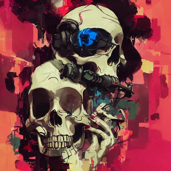 Image similar to a colorful comic noir illustration painting of a cyberpunk skull by sachin teng and sergey kolesov and ruan jia and heng z. graffiti art, sci fi, hyper detailed. octane render. trending on artstation