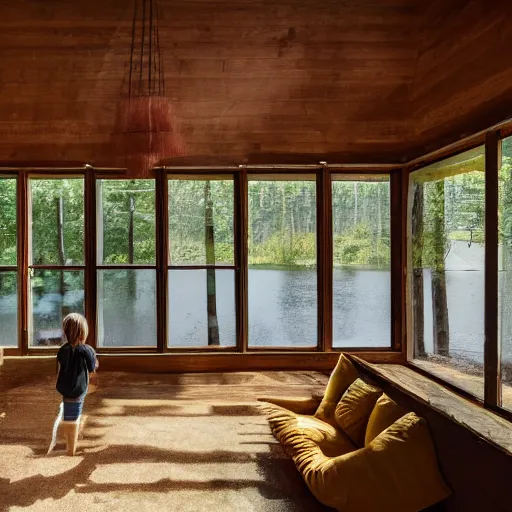 Image similar to a house made of a long hair. The house is made of 3 mammalian abdomens. The fur house sits in a lake on the edge of a forest. A family is living inside the fur house and it is furnished with contemporary furniture and art. ultra wide shot, Coronarender, 8k, photorealistic