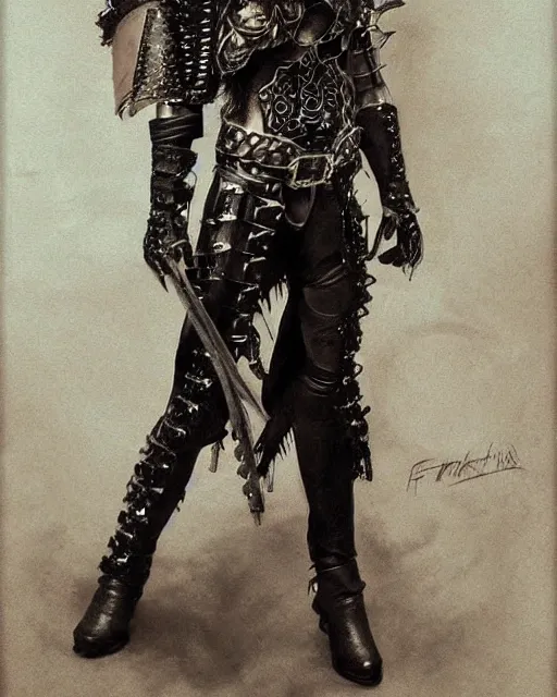 Image similar to portrait of a skinny punk goth warrior wearing armor by frank fazetta, fantasy, barbarian, hardcore