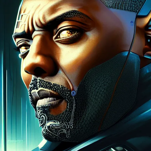 Image similar to portrait painting of a cyberpunk corporate boss elven idris elba, ultra realistic, concept art, intricate details, eerie, highly detailed, photorealistic, octane render, 8 k, unreal engine. art by artgerm and greg rutkowski and charlie bowater and magali villeneuve and alphonse mucha